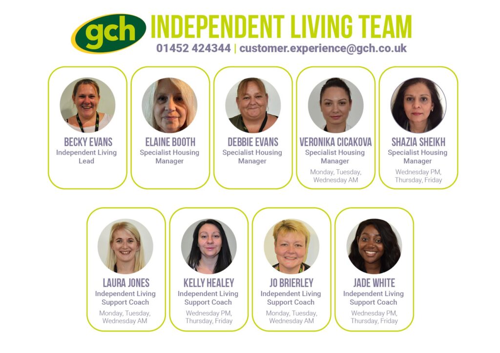 A graphic showing the face of our Independent Living Team and their names and working hours