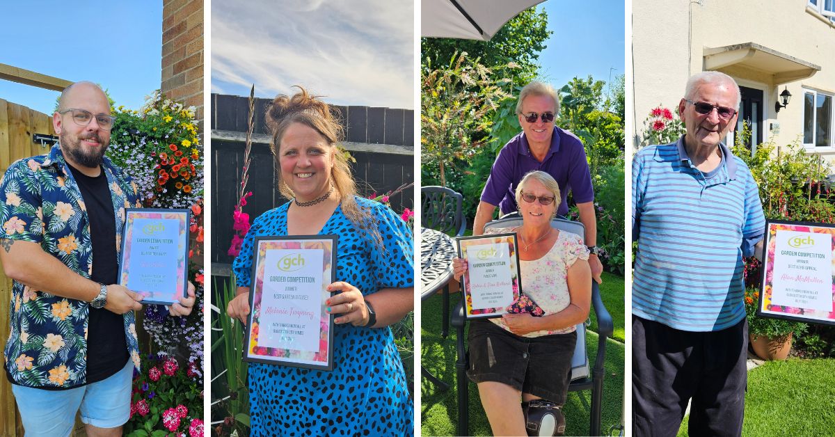 Collage of four people in their gardens holding certificates