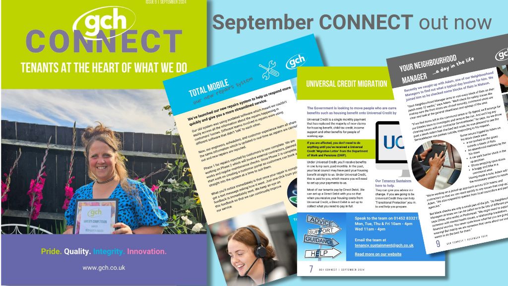 Title: September CONNECT out now image: an array of pages from the GCH Connect magazine