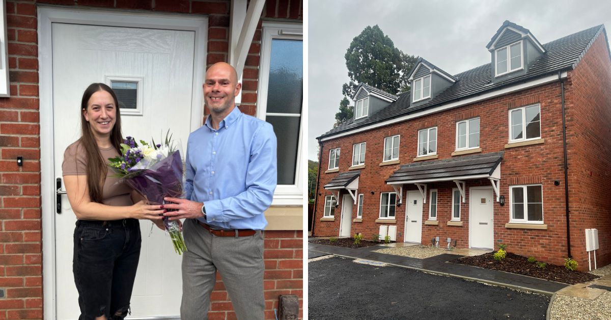 Left: Natasha is welcomed to her new home by GCH Chief Executive Guy Stenson. Right: the new homes at Monica Sims Close