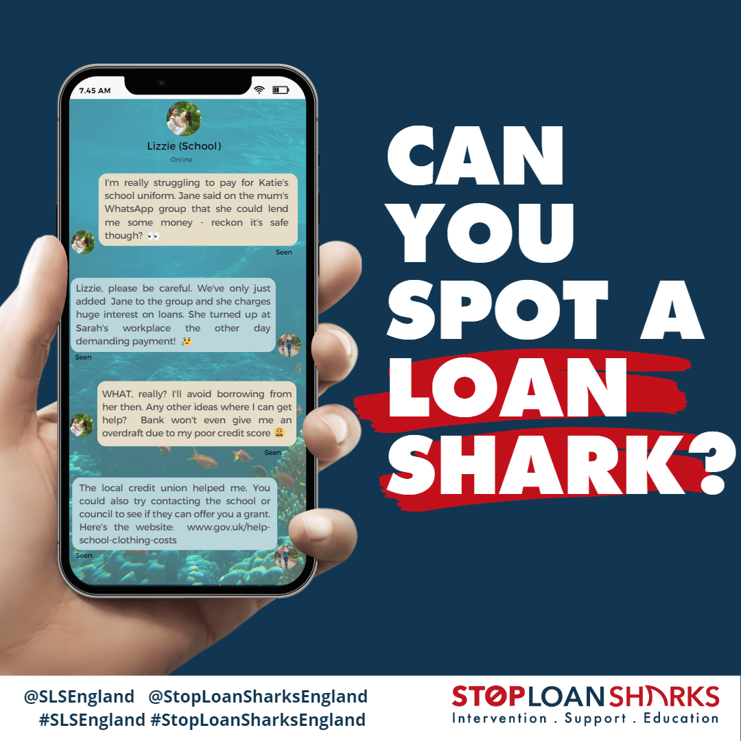 Headline: Can you spot a Loan Shark with image of a hand holding a mobile phone with text messages