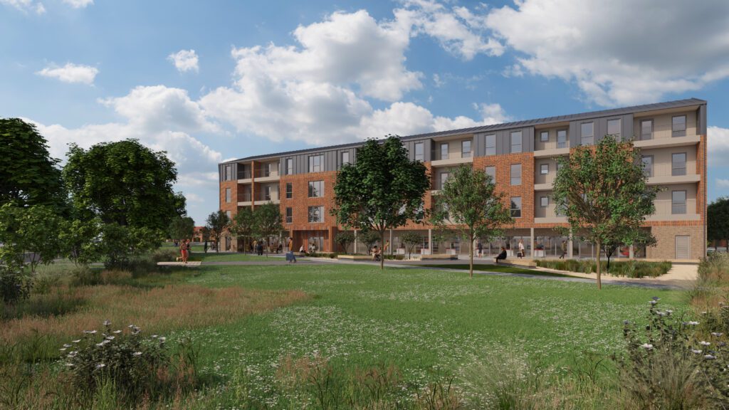 artist's impression of Podsmead showing block of flats in front of green open area